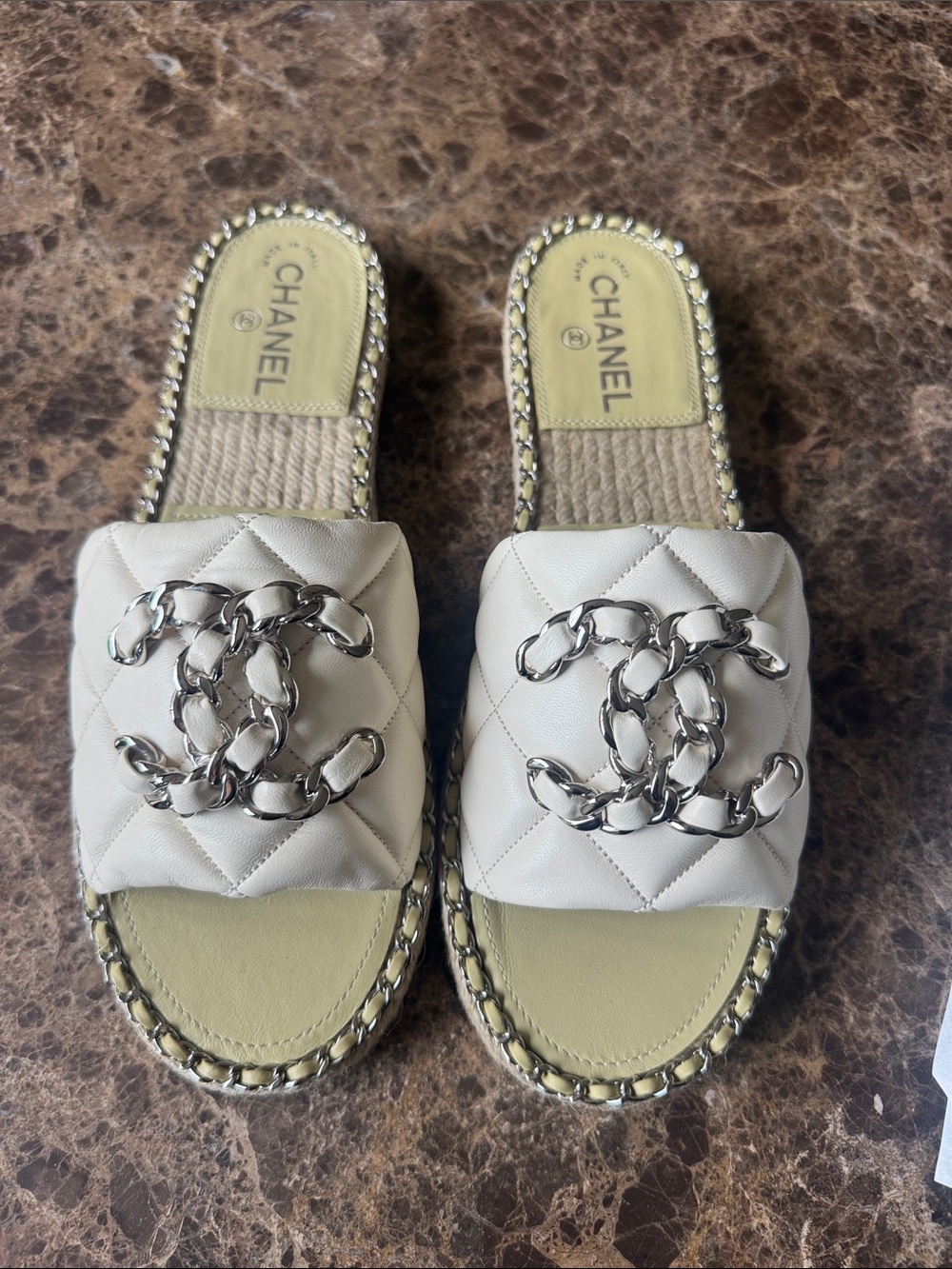 Chanel mules espadrilles flats ivory silver chain sandals sz 41